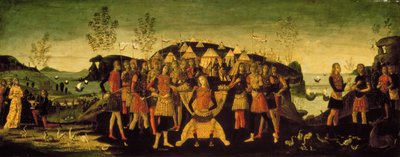 Scipione Africano (237-183 a.C.), generale romano, con il principe numida prigioniero Siface, la cui moglie Sofonisba, una nobildonna cartaginese, è a sinistra, c.1490 da Bernardino Fungai